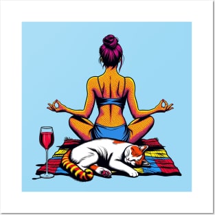 Woman Cat Wine Meditation Posters and Art